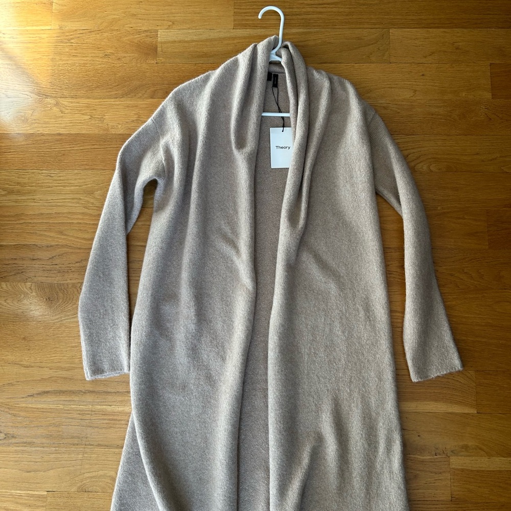 Theory Tan Cardigan Sweater Cozy Knit Long Open Front